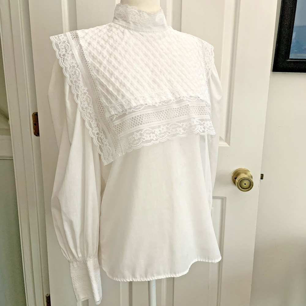 High Mock Neck Square Lace Bib Blouse White Victorian Cottagecore Pintuck Top 11